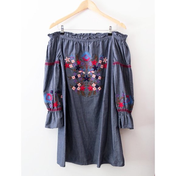 Max Studio 100% Cotton Floral Embroidered Off Shoulder Denim Chambray Dress M - Picture 4 of 15